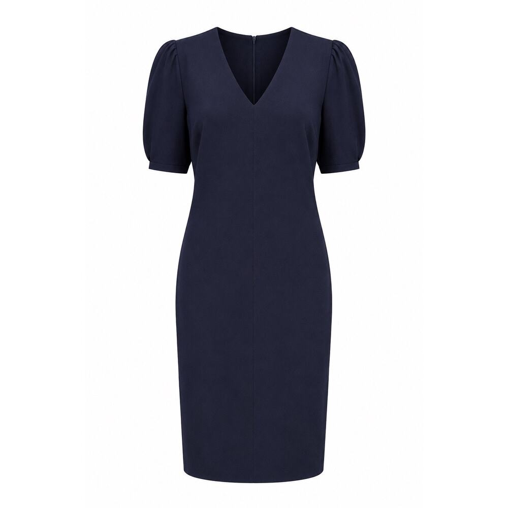 Preston & York Navy Sheath Dress Puff Sleeve V-Neck Career Office Size 12 Casual